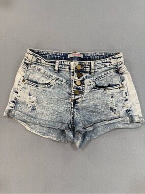Refuge Acid-Wash High Rise Button-Front Denim Shorts - Blue & White